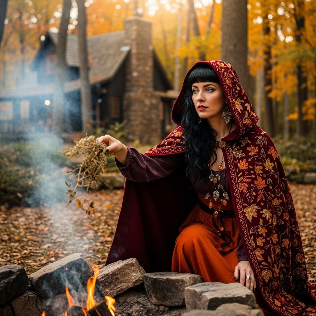 Witchy Woman Tosses Herbs in Autumn Fire