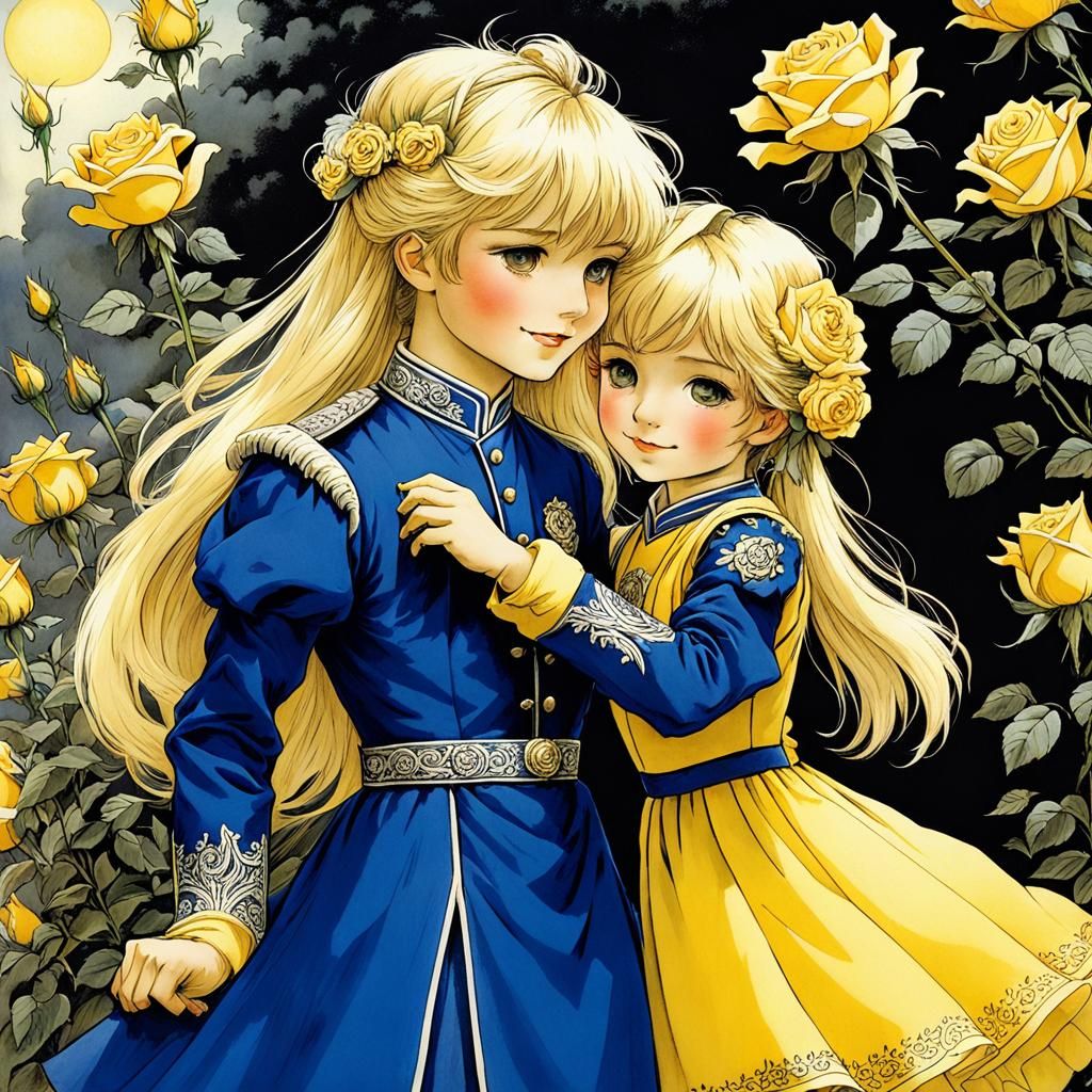 Medieval Siblings in Yellow Rose Garden, Anime Style