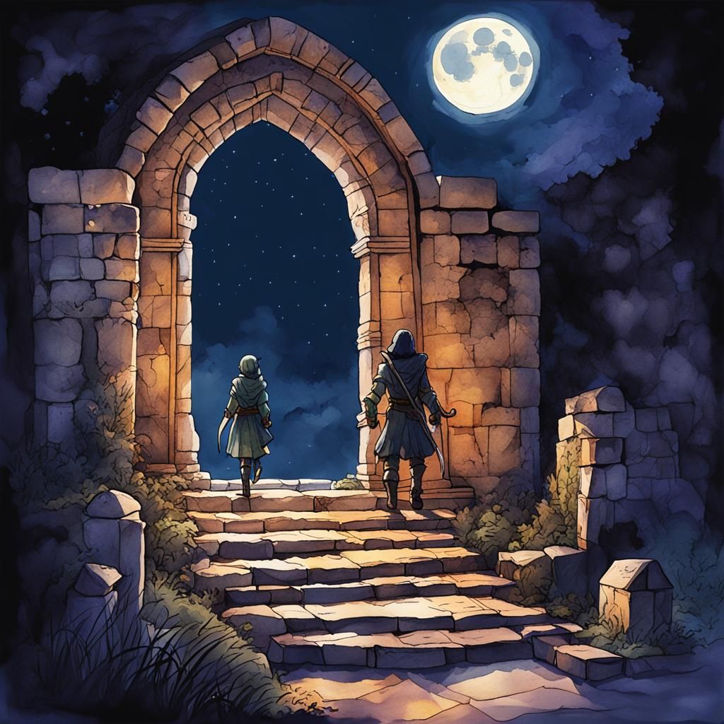 Crypt of Adventurers: Digital Watercolor Under Moonlight