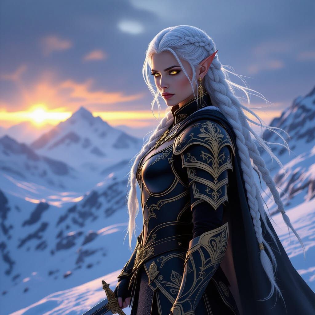 Elven Warrior on Snowy Peak in Digital Art Style