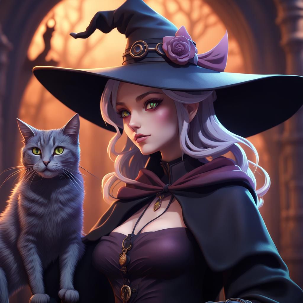 Anime Witch and Cat in Detailed Matte Painting
