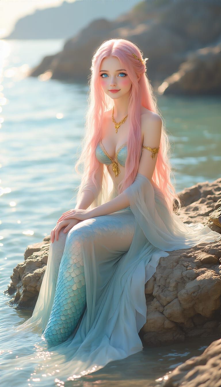 Ethereal Woman by the Sea at Golden Hour