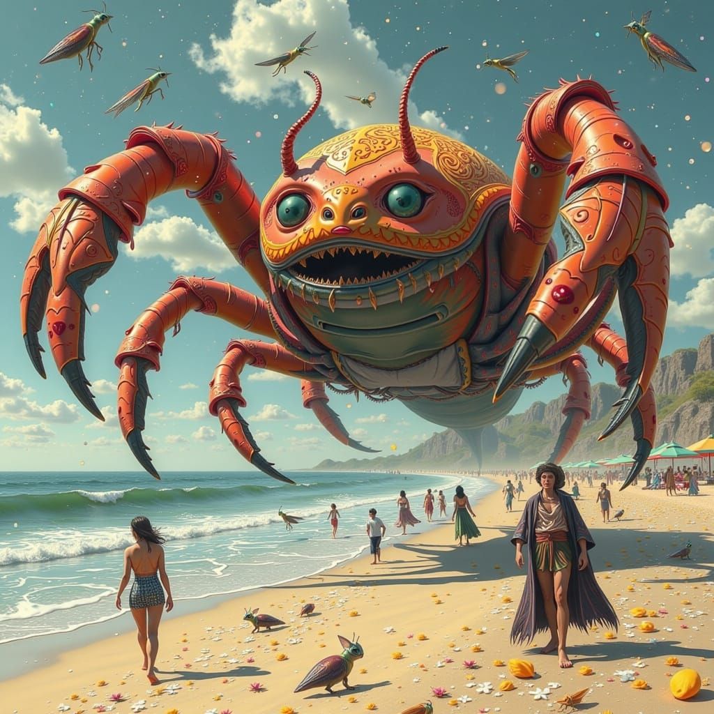 Crab-Cat Monster Beach Chase in Pulp Fiction Style