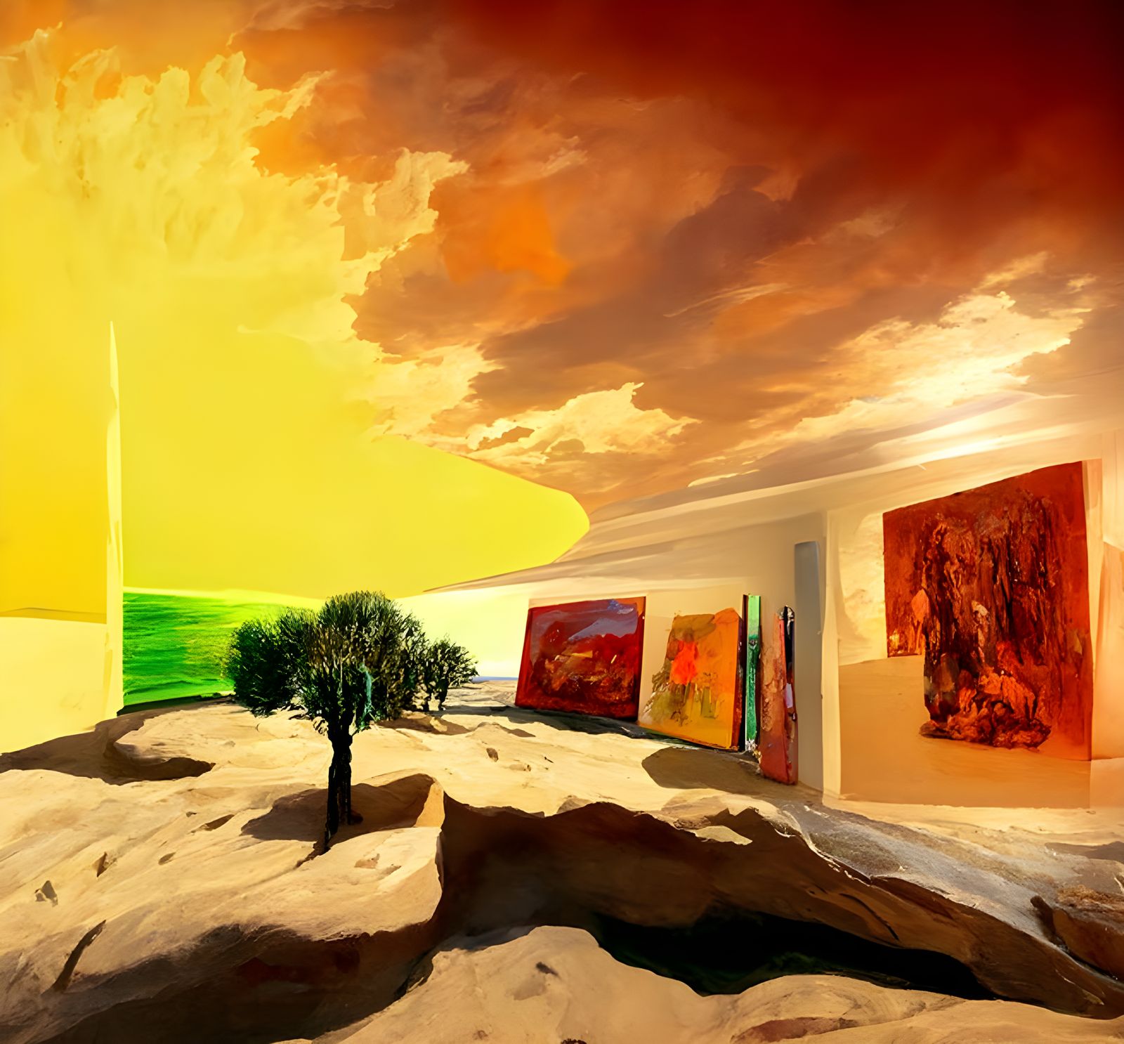 Surreal Desert Oasis Landscape with Colorful Light
