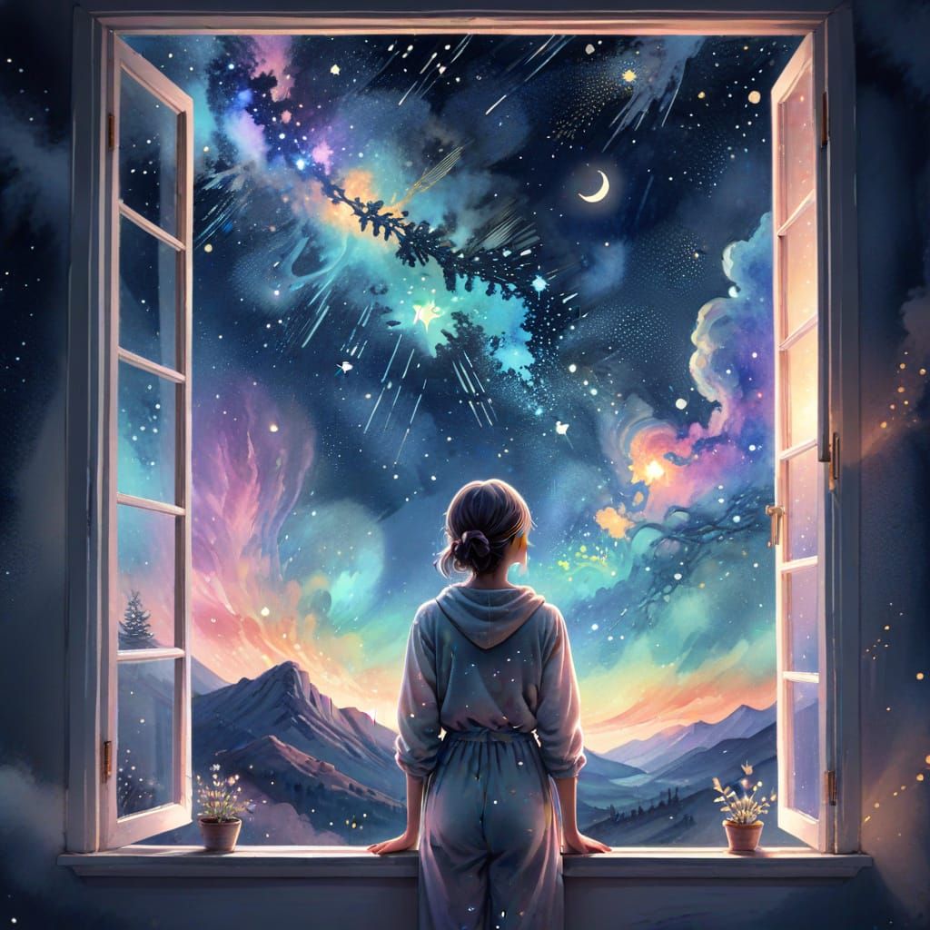 Enchanting Stargazer: Whimsical Watercolor Concept Art