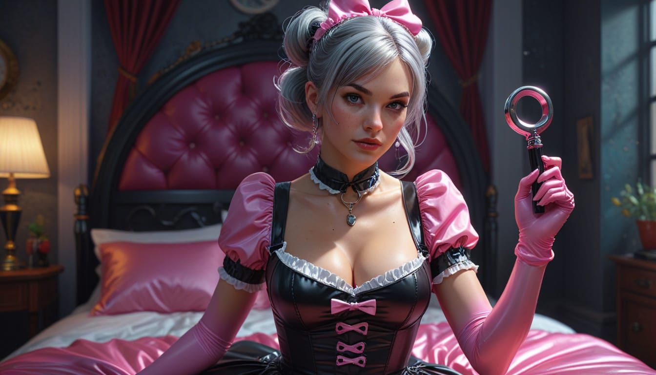 Woman in Pink Latex French Maid Outfit: Digital Art