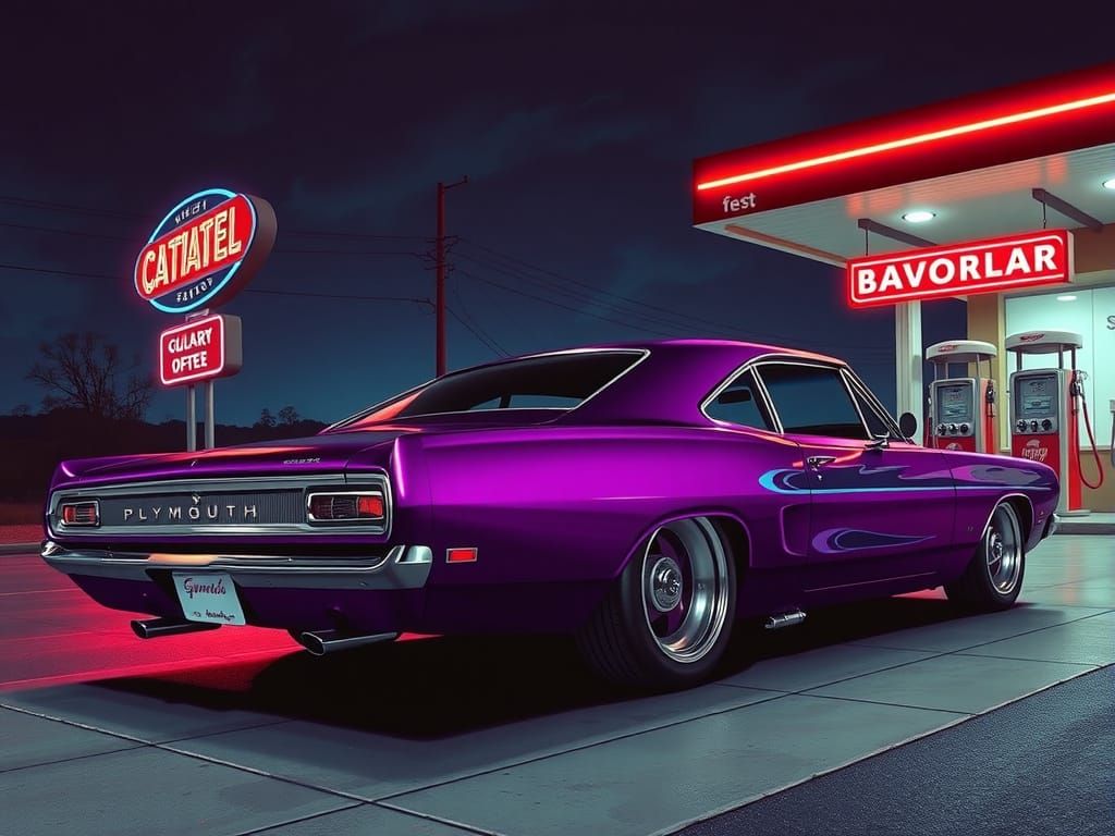 Plum Crazy Plymouth Barracuda at Retro Gas Station