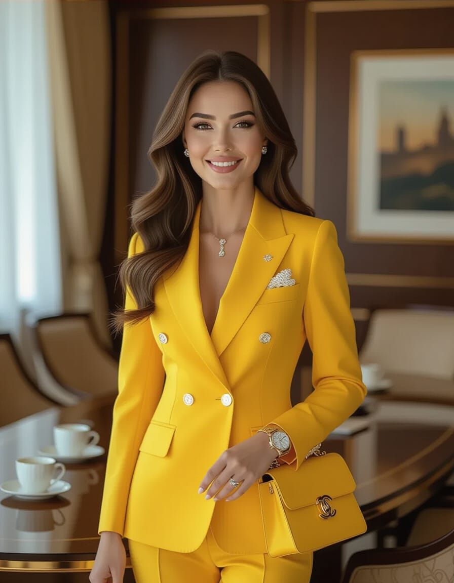 Successful Woman in Yellow Suit in Luxury Meeting Room