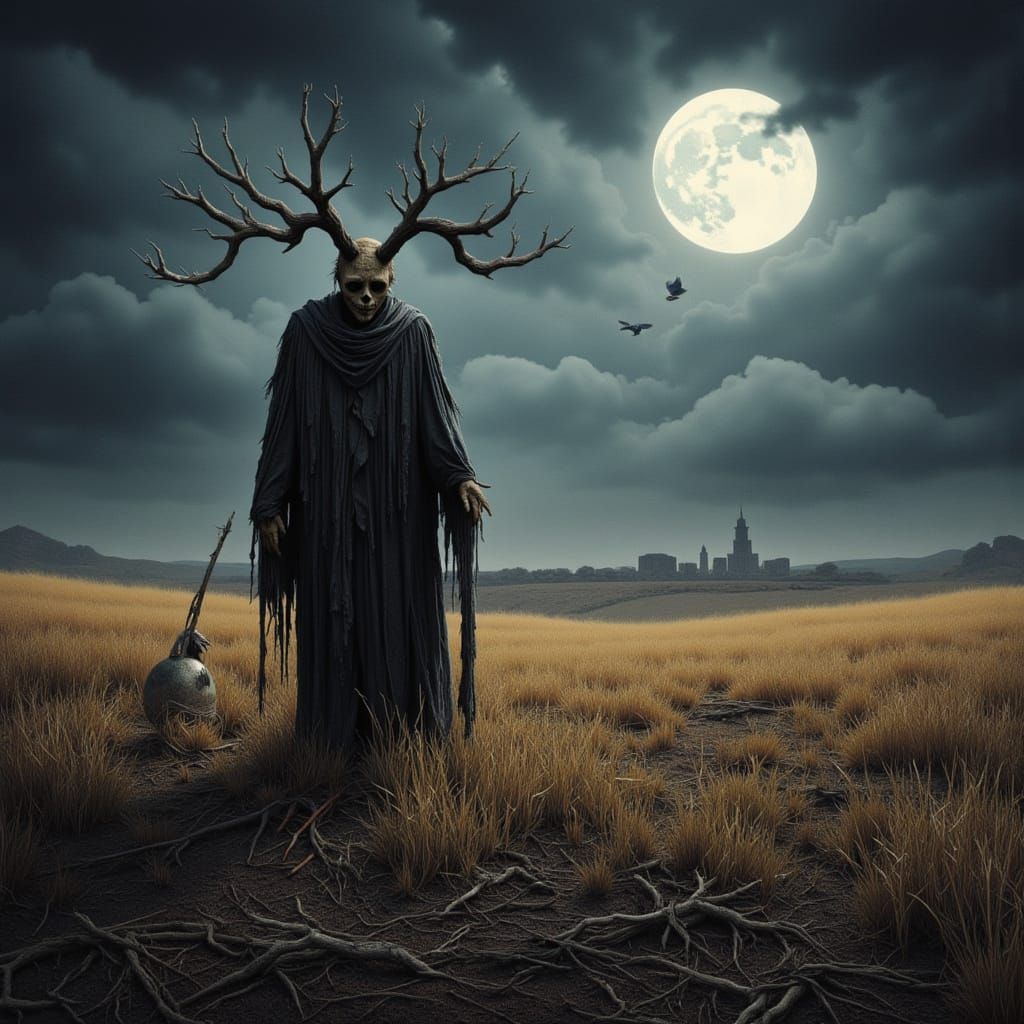 Antlered Scarecrow Guards Sacred Field in Folklore Horror