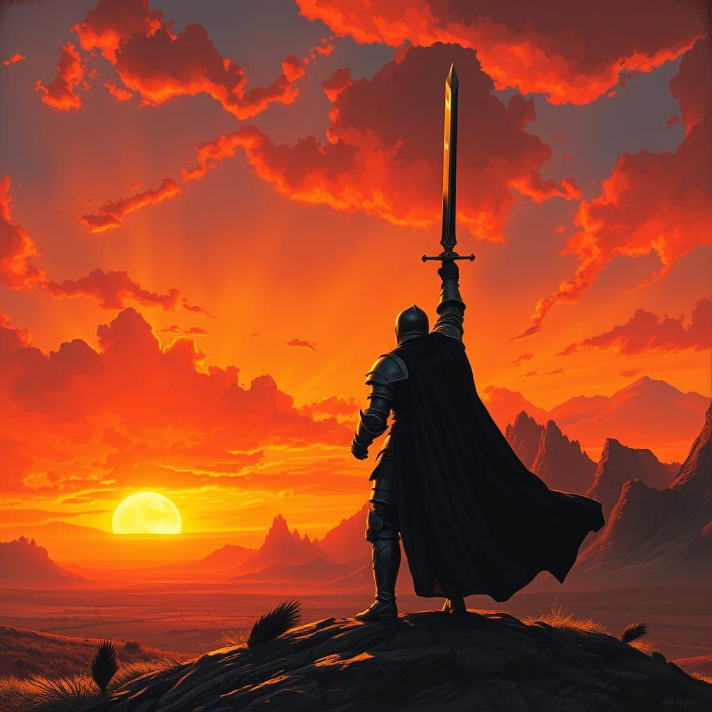 Knight Silhouetted Against Fiery Sunset, Cosmic Illustration