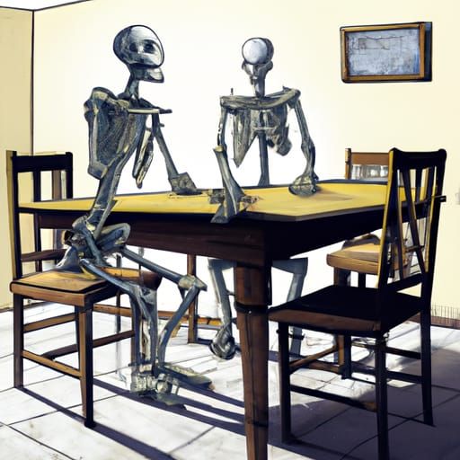 2 headed Skeletons in a tiny court room issuing a verdict of...