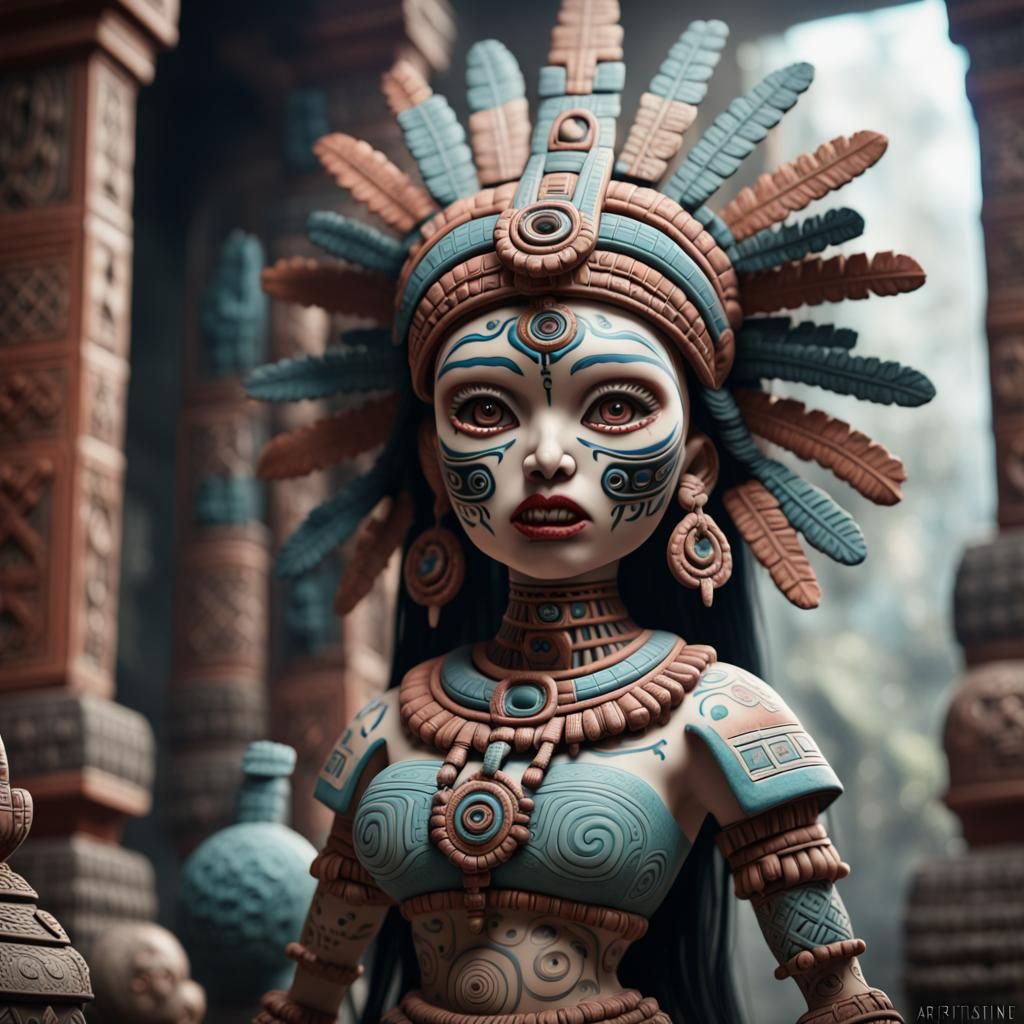 Demonic Aztec Porcelain Doll in Detailed Matte Painting