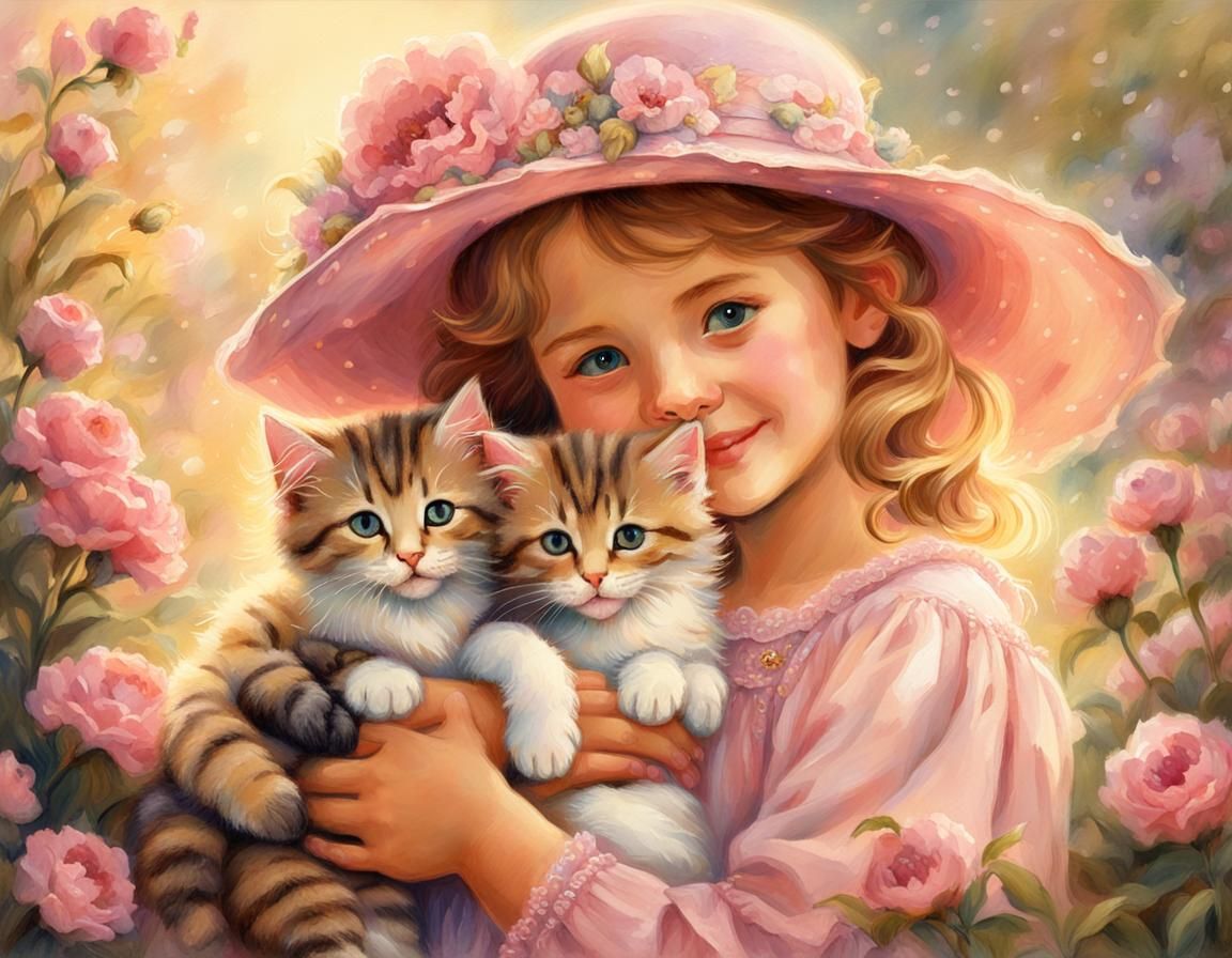 Girl and Kittens: Ethereal Fantasy in Watercolor Style