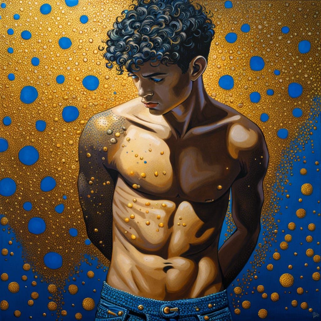 Pointillist Painting of a Shirtless Man Changing