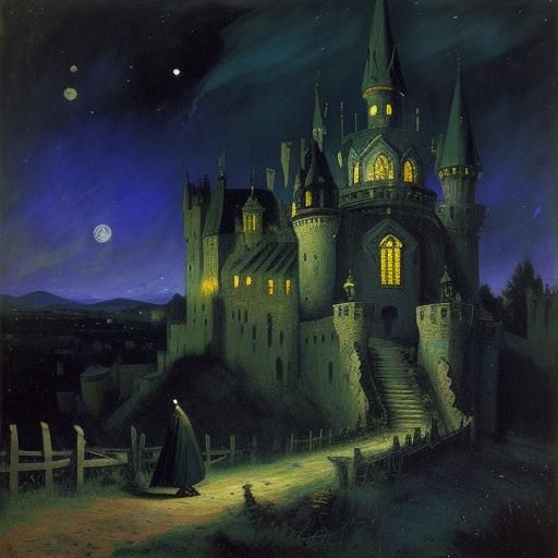 Eerie Castle Under Night Sky, Masterpiece Painting
