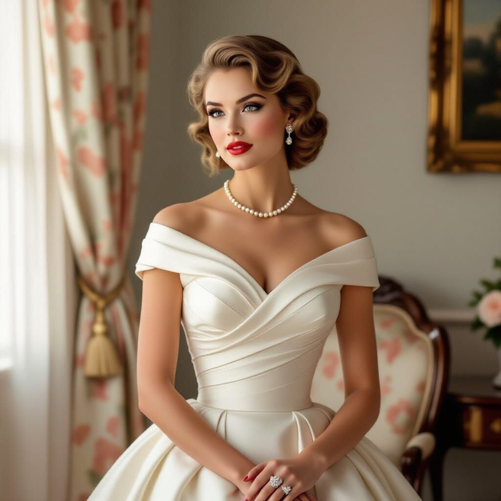 Elegant Blonde in 1950s Couture, Pastel Portrait