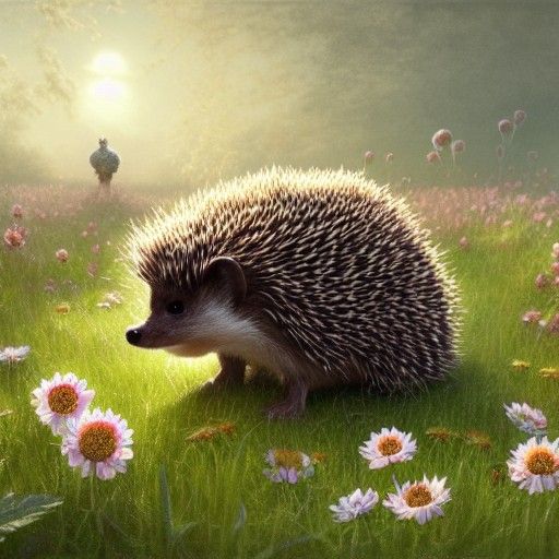Baby Hedgehogs in Flower Meadow: Digital Art