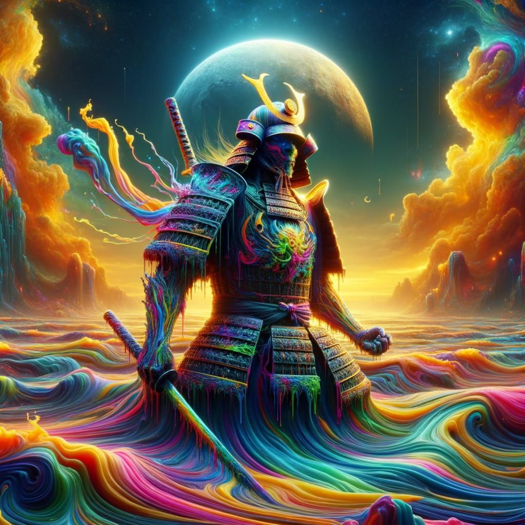 Neon Samurai Warlord Meditating Above Molten River