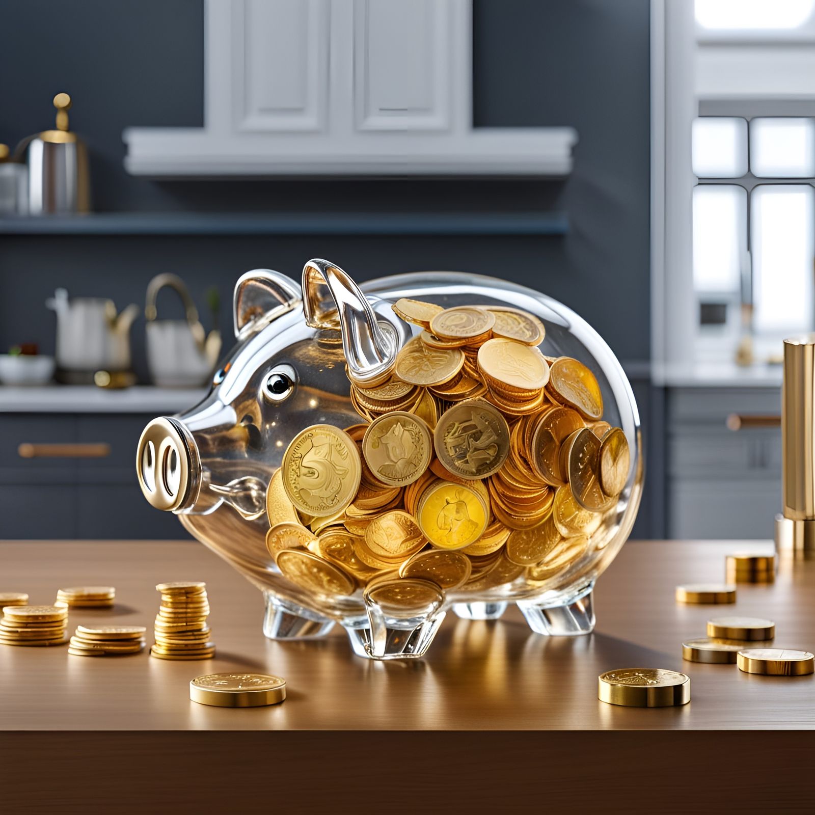 Glass Piggy Bank with Golden Coins