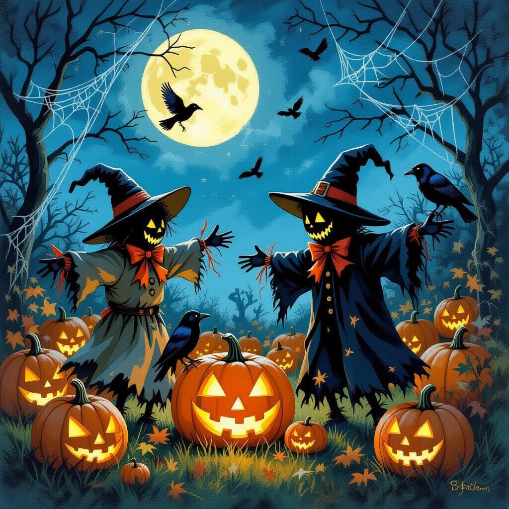 Scarecrows and Ravens Party in Moonlit Pumpkin Patch