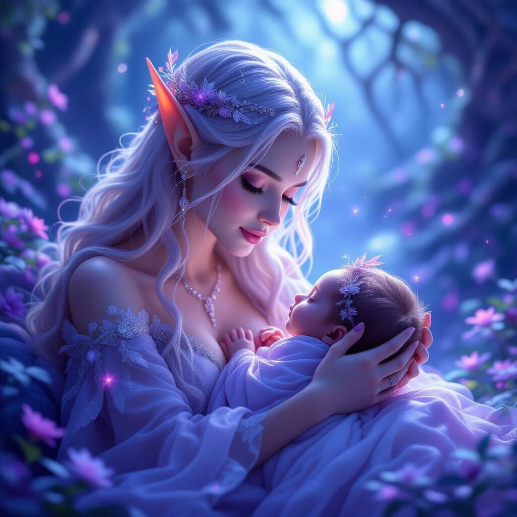 Elf Mother and Newborn in Dreamy Fantasy Scene