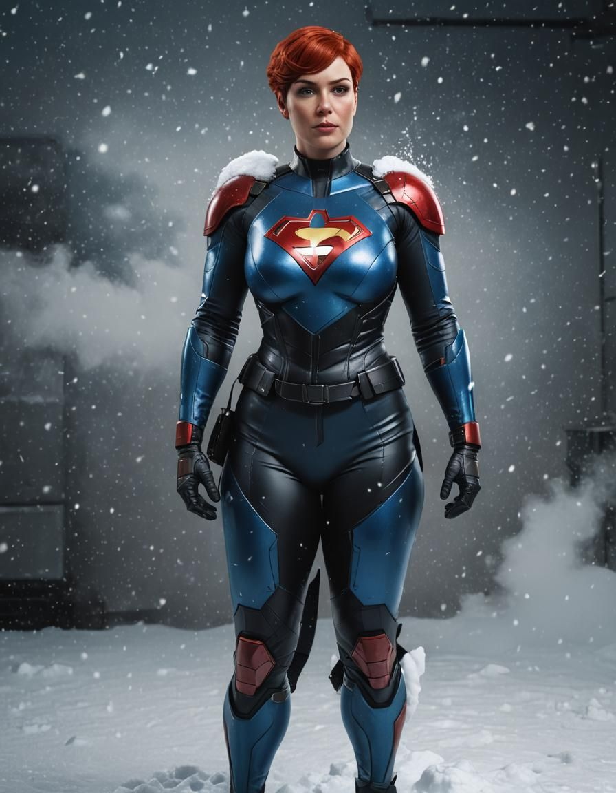 Curvy Superheroine in Snowy Lab, Pop Art Style