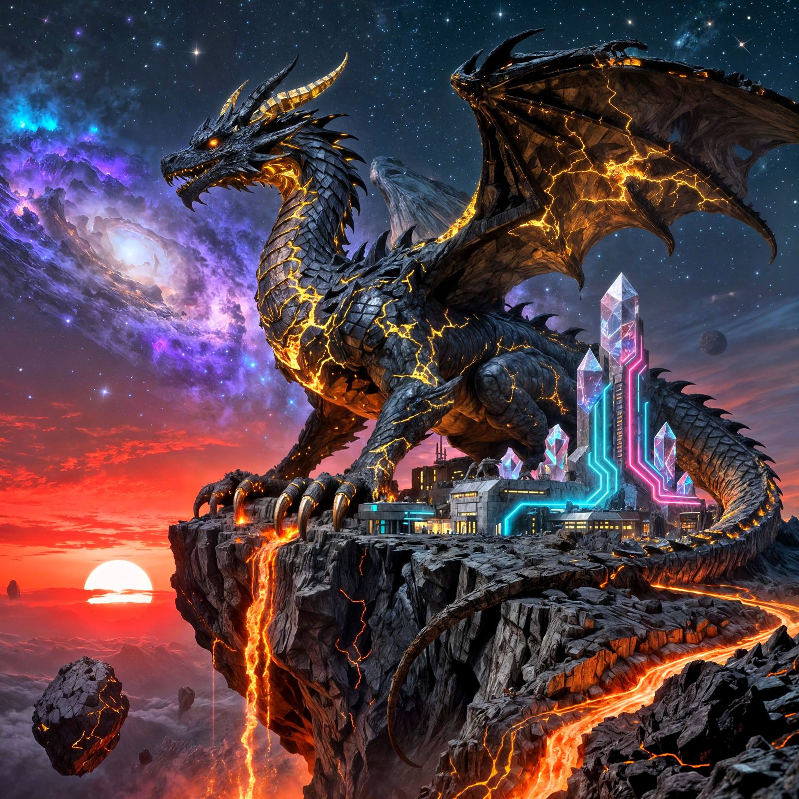 Ancient Dragon on Futuristic Asteroid Dwelling