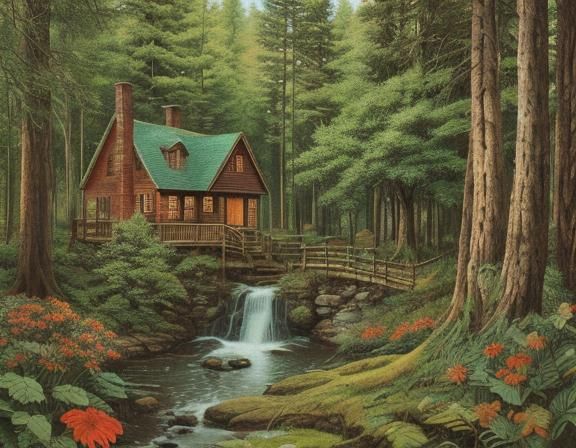 Dynamic Forest Landscape in Retro Folk Art Collage