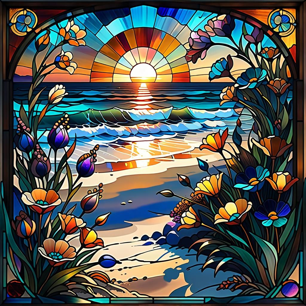 Flowers on Beach in Stained Glass Style