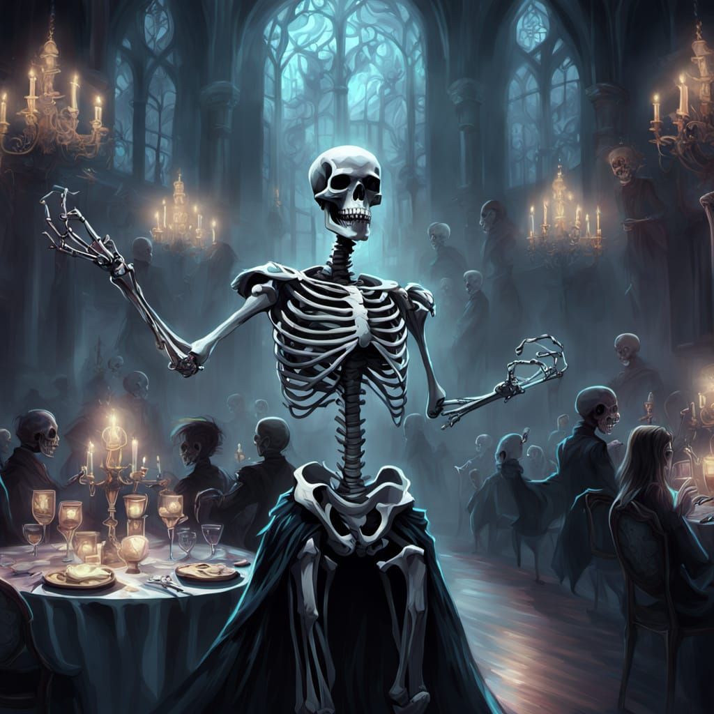 Skeleton Dancer in Opulent Ballroom, Gothic Art