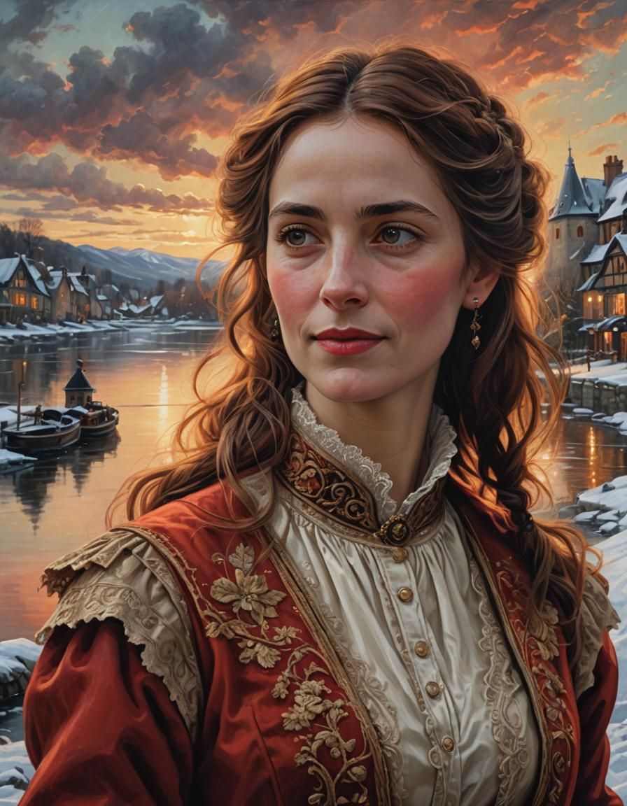 Victorian Woman Walking Along Snowy Lake: Oil Painting