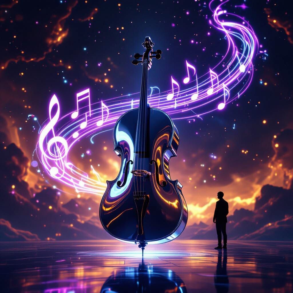 Futuristic Chrome Cello with Neon Energy and Music Notes