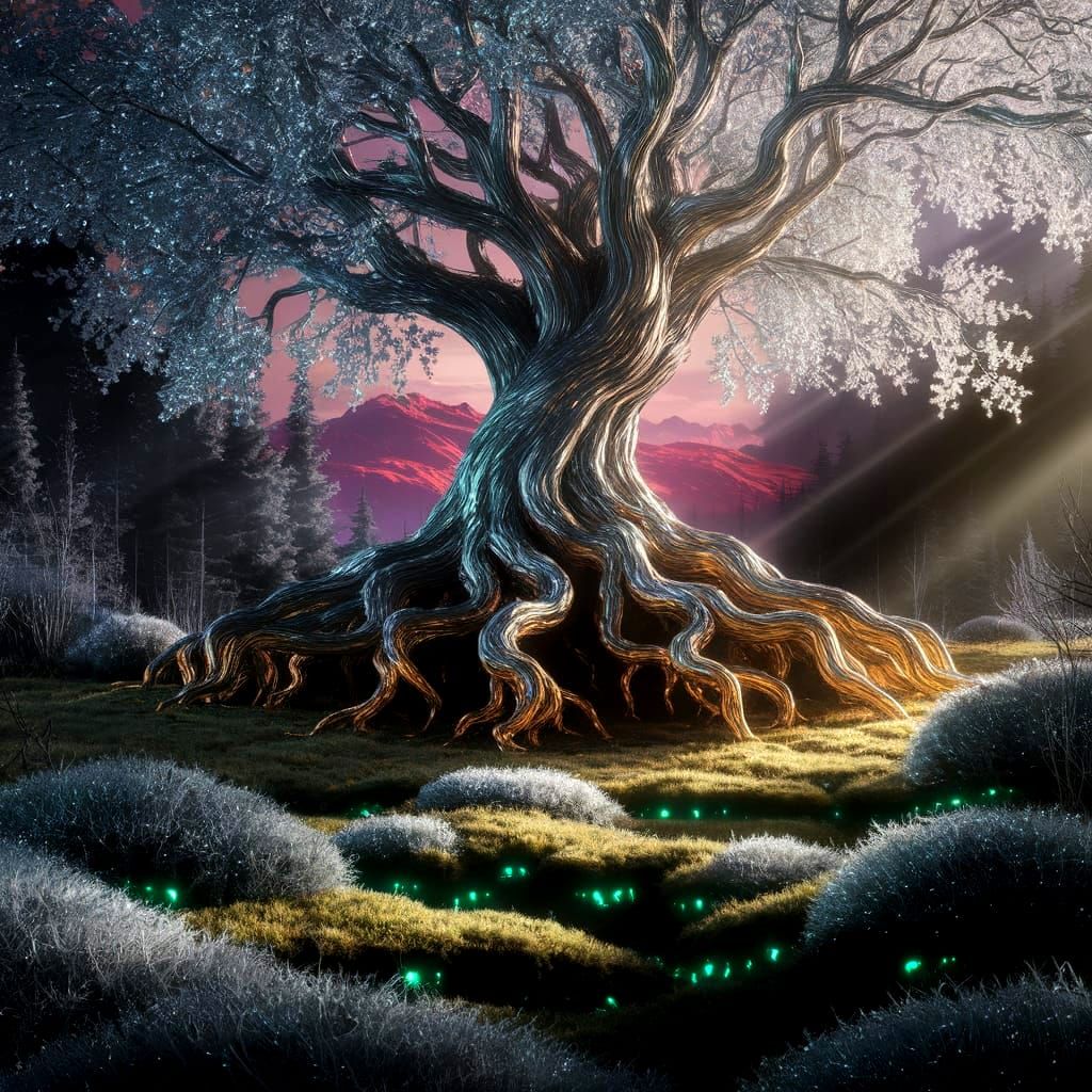 Majestic Metallic Ancient Tree with Molten Gold Roots