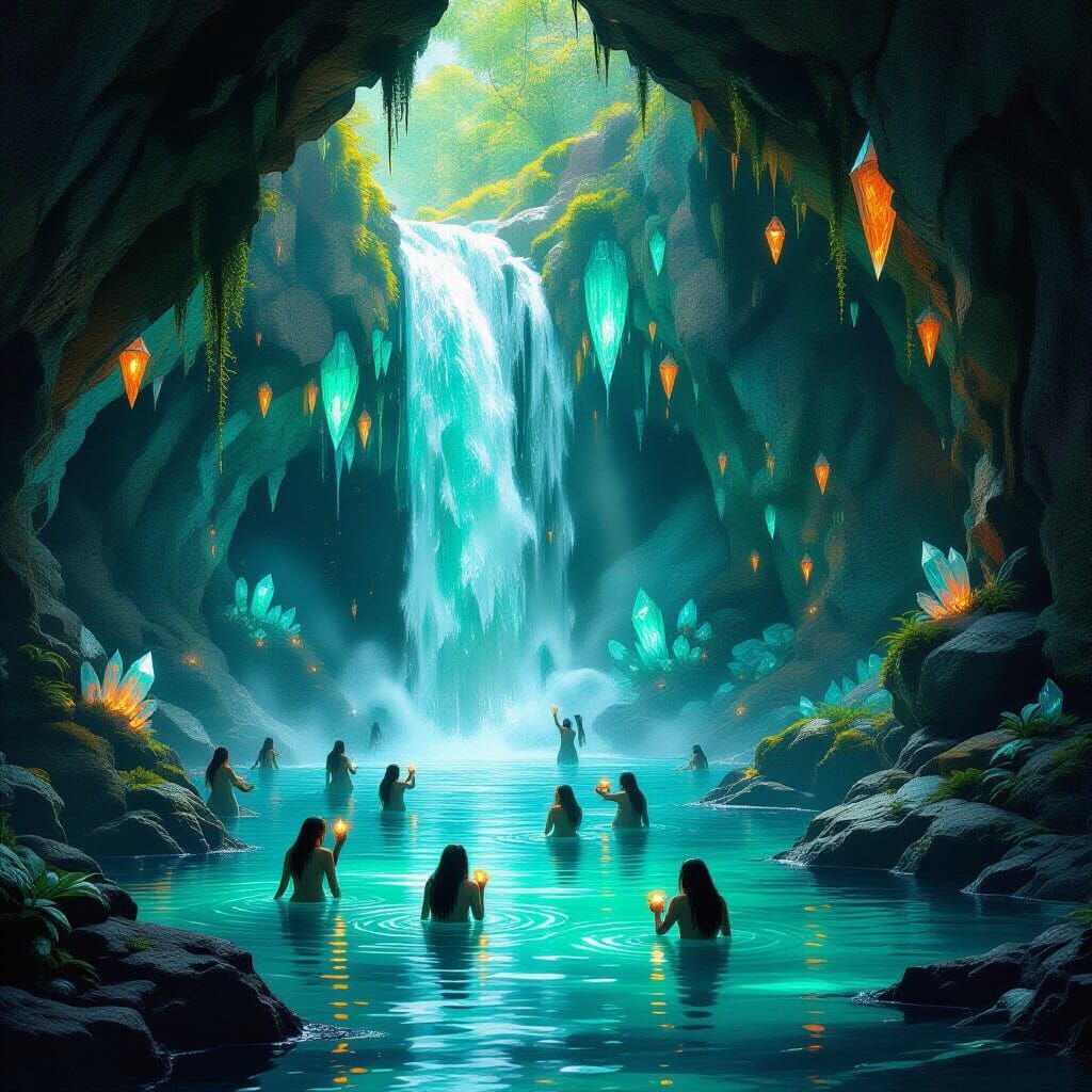 Mythical Grotto with Bioluminescent Waterfall, Matte Paintin...