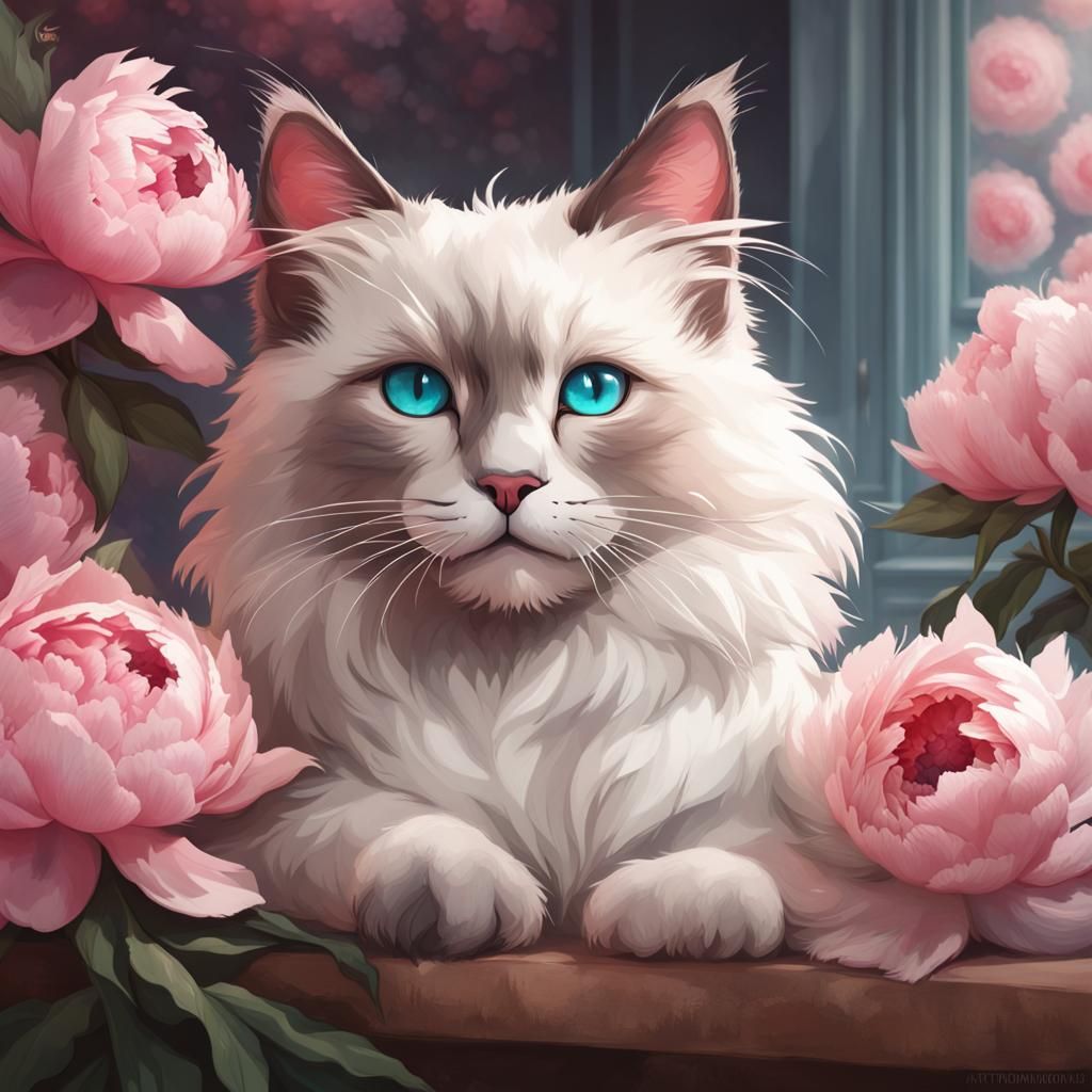 Ragdoll Kitten Portrait with Peonies, Detailed Digital Art