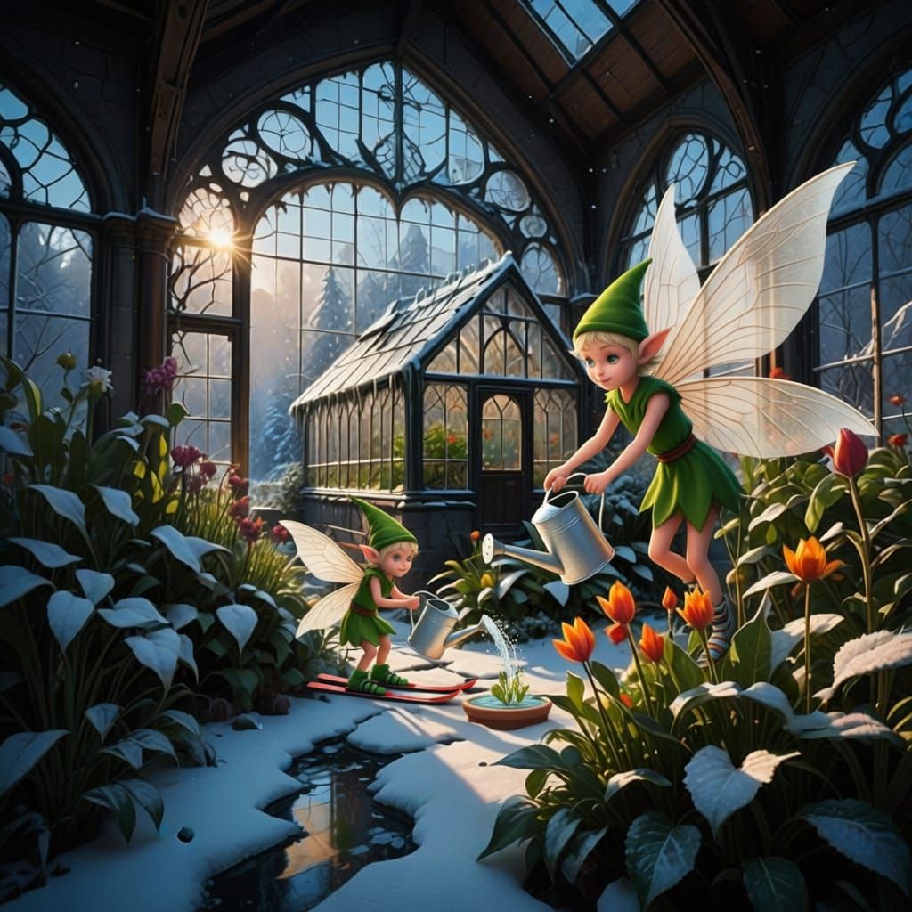 Gothic Greenhouse in Snowy Mountains with Flying Watering Ca...