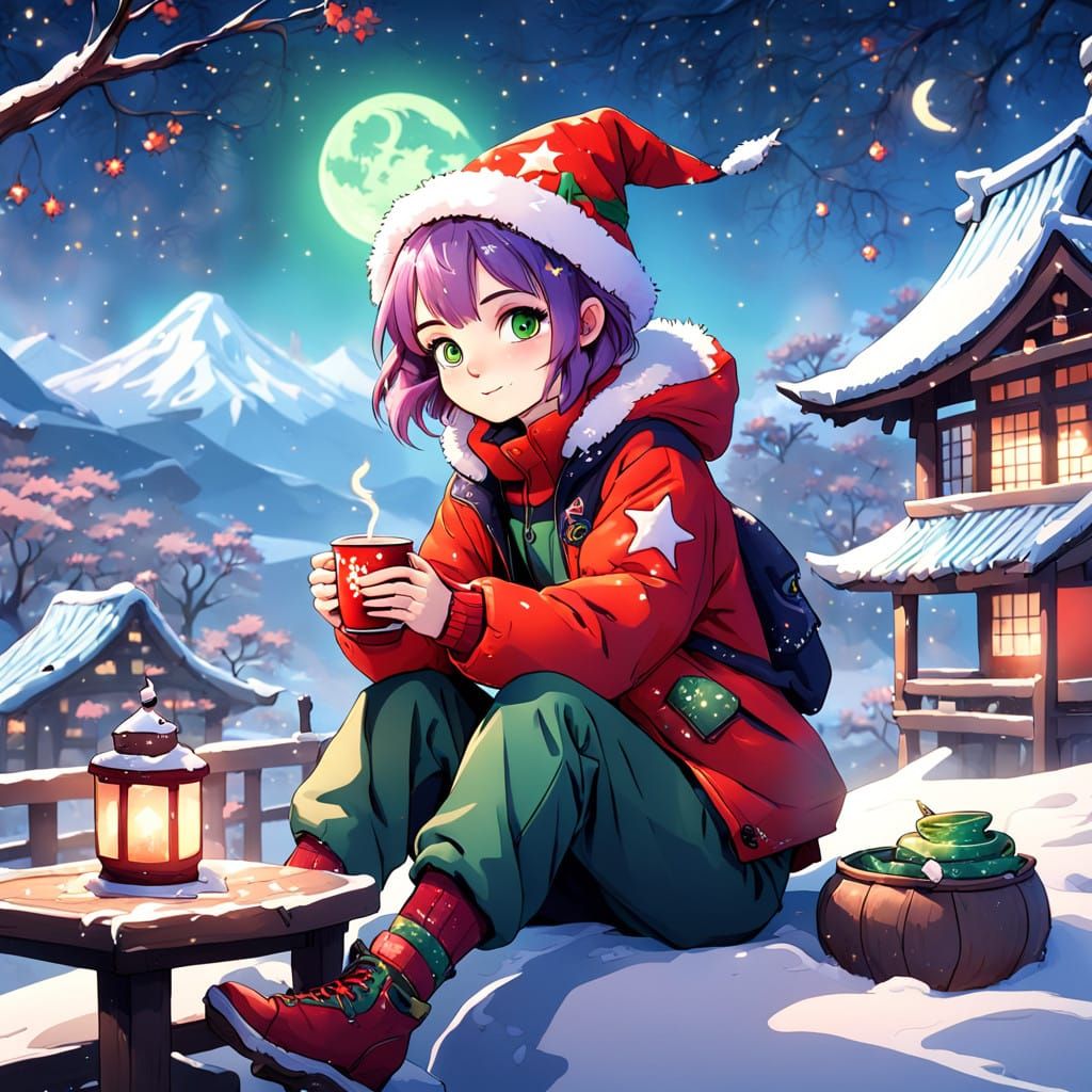 Whimsical Witch Sits on Snowy Roof Under Starry Night