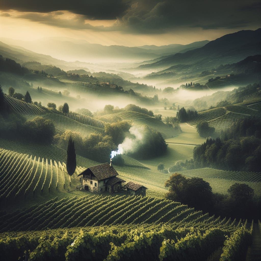 Cottage in Verdant Vineyards: Cinematic Film Still