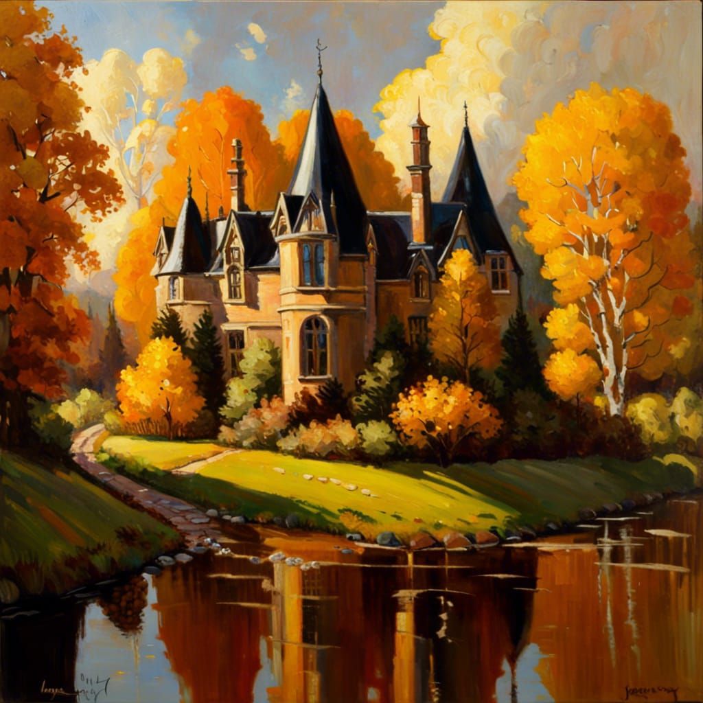 Victorian Manor by River in Autumnal Sunlight