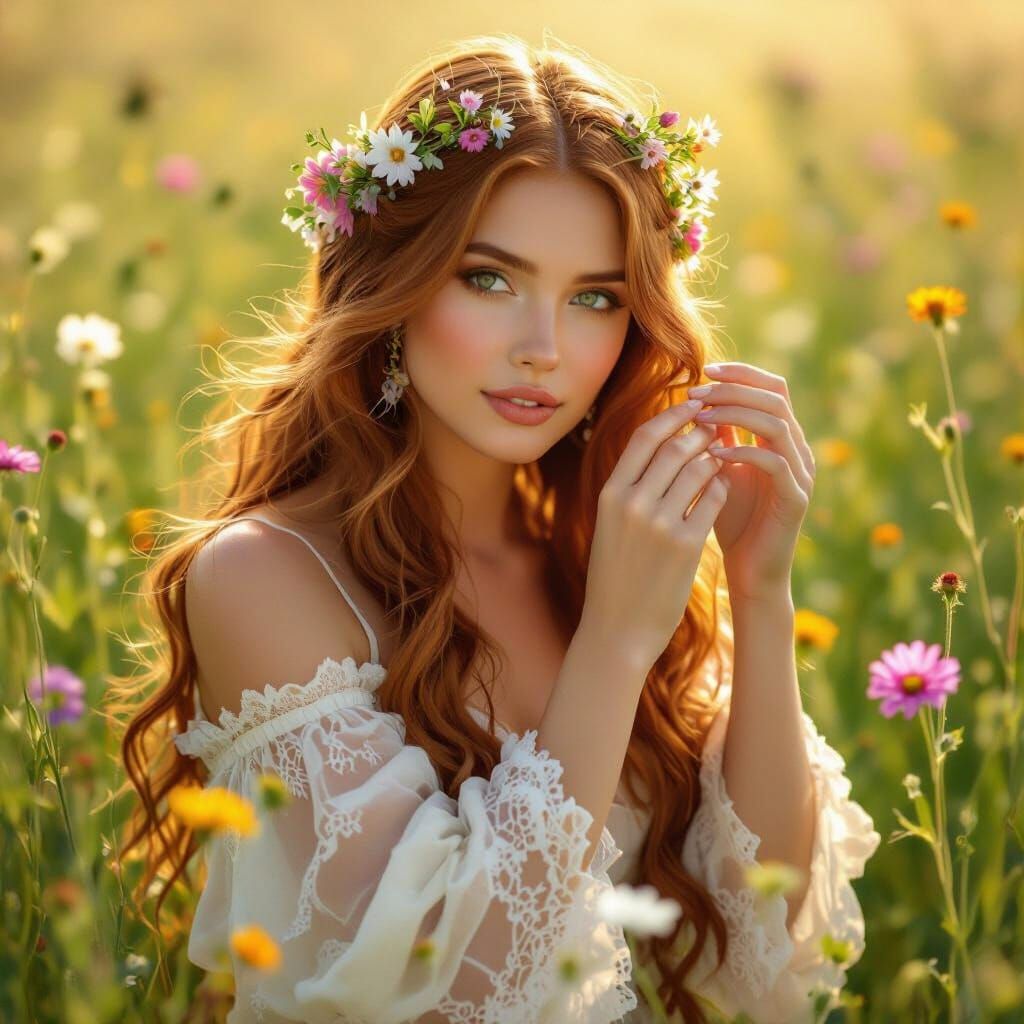 Woman Weaving Flower Crown in Art Nouveau Style