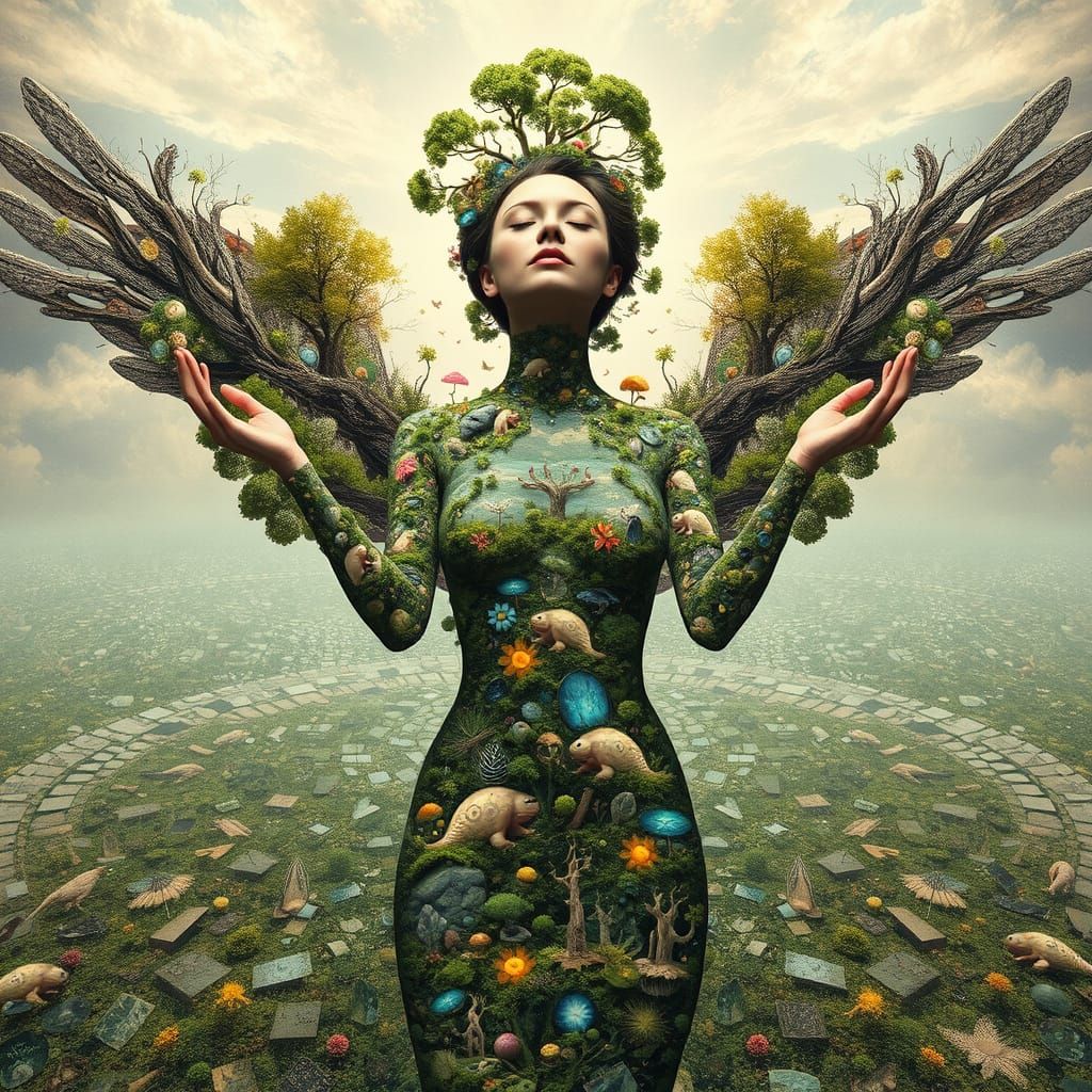Surreal Bio-Art Collage: Woman as Interconnected Ecosystem
