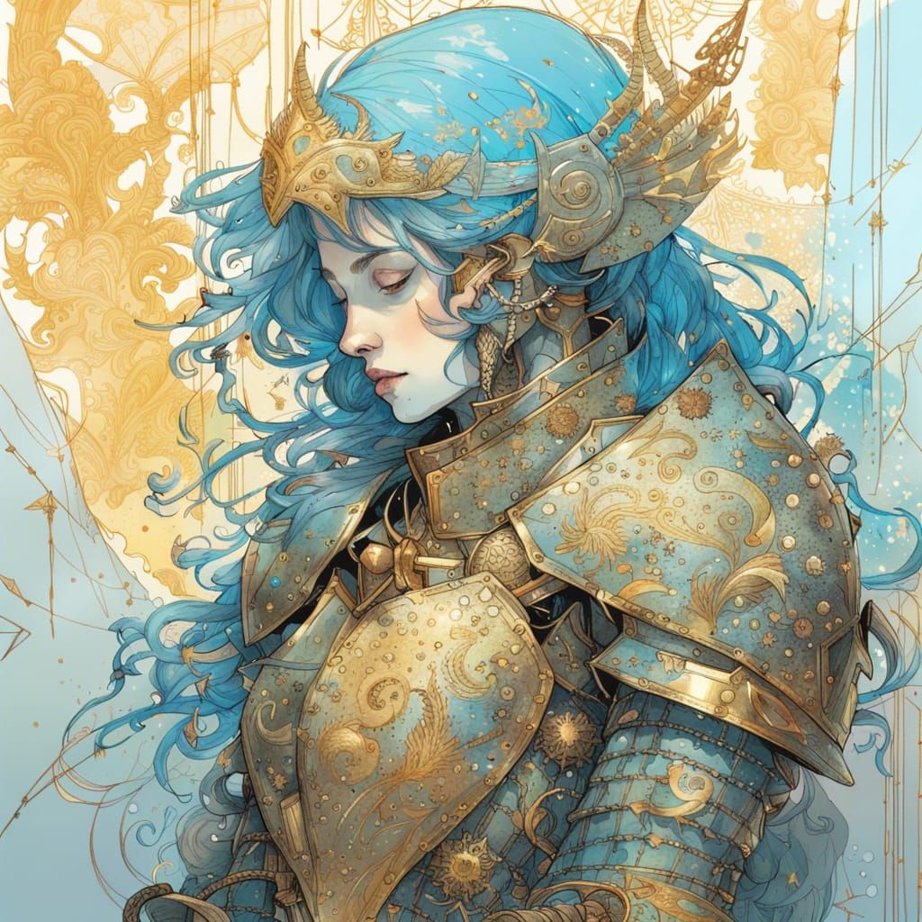 Knight in Blue and Gold Armor, Digital Art