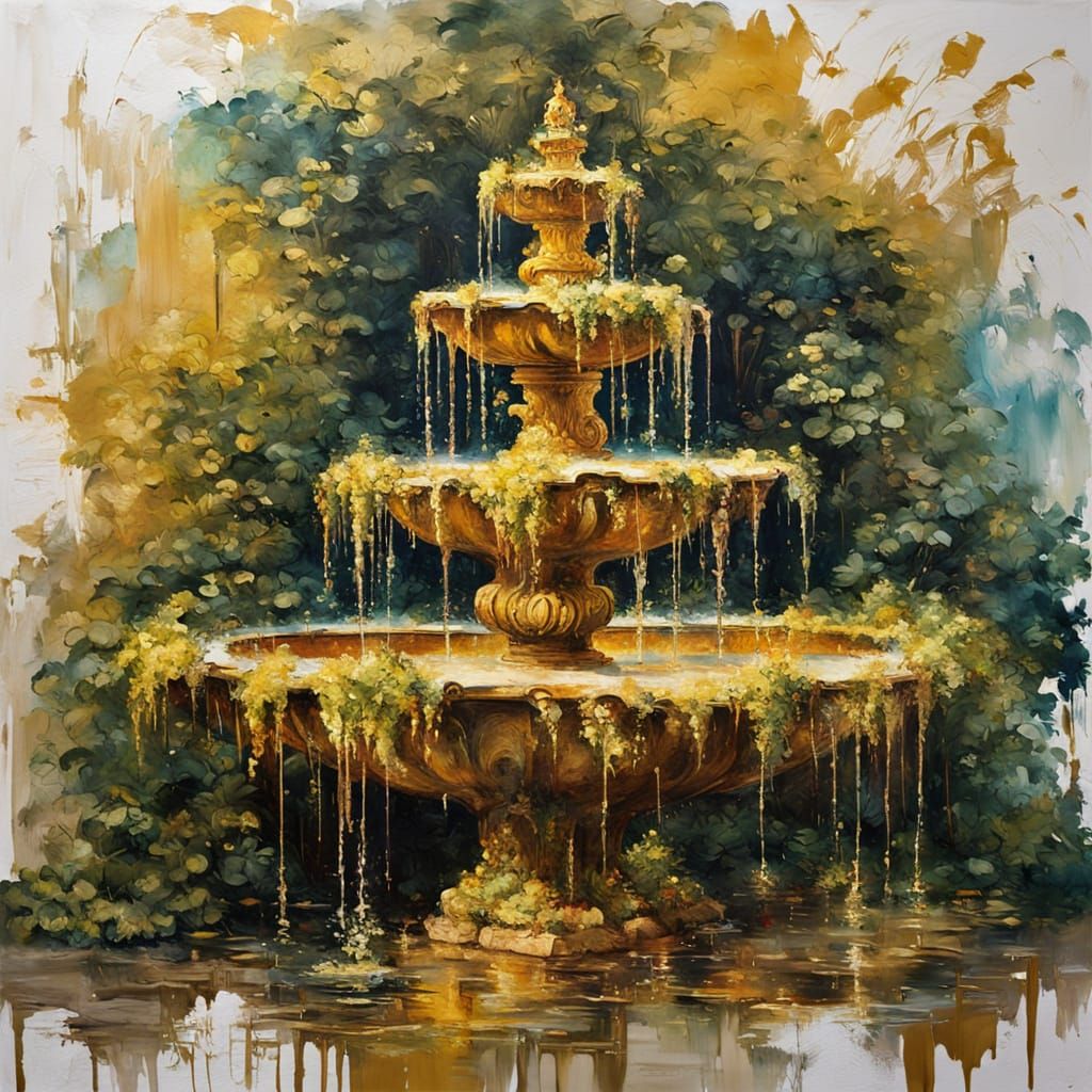 Glamorous Overgrown Fountain as Impasto Masterpiece
