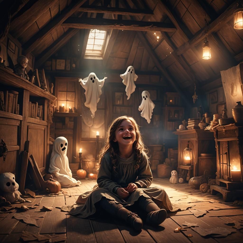 Ghostly Encounter in Candlelit Attic: Fantasy Illustration