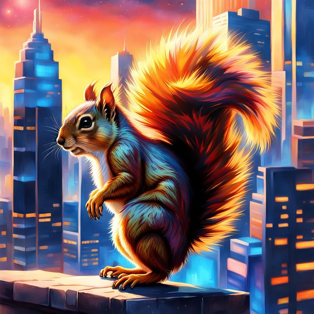 Squirrel on Futuristic Skyscraper Ledge at Night