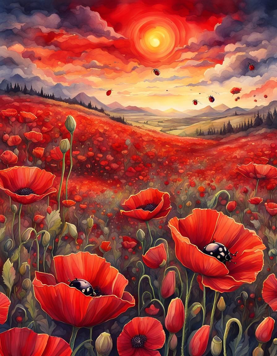 Ladybugs in Poppy Field: Vibrant Watercolor Art