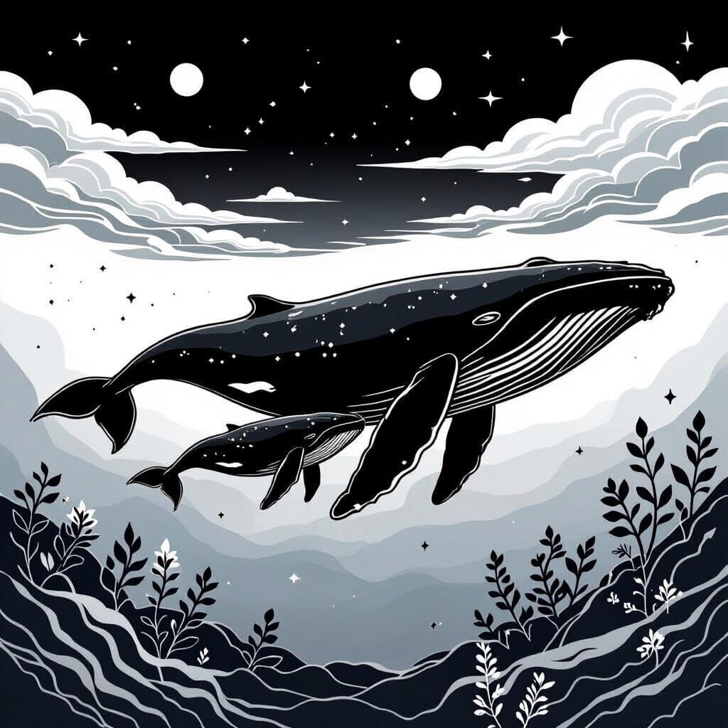 Humpback Whale and Calf in Serene Ocean Illustration