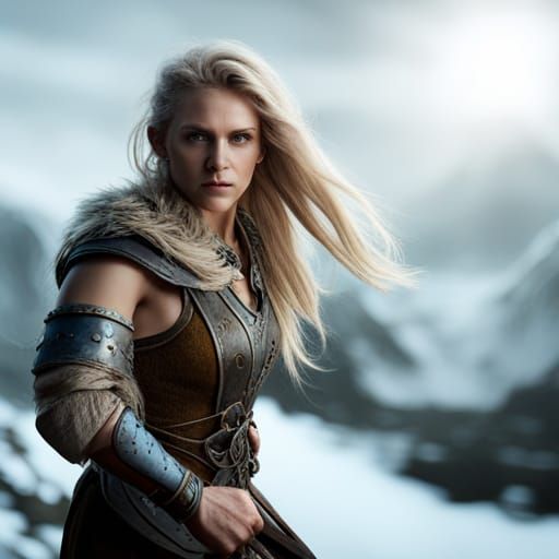 Dramatic Viking Warrior Woman in Photorealistic Style