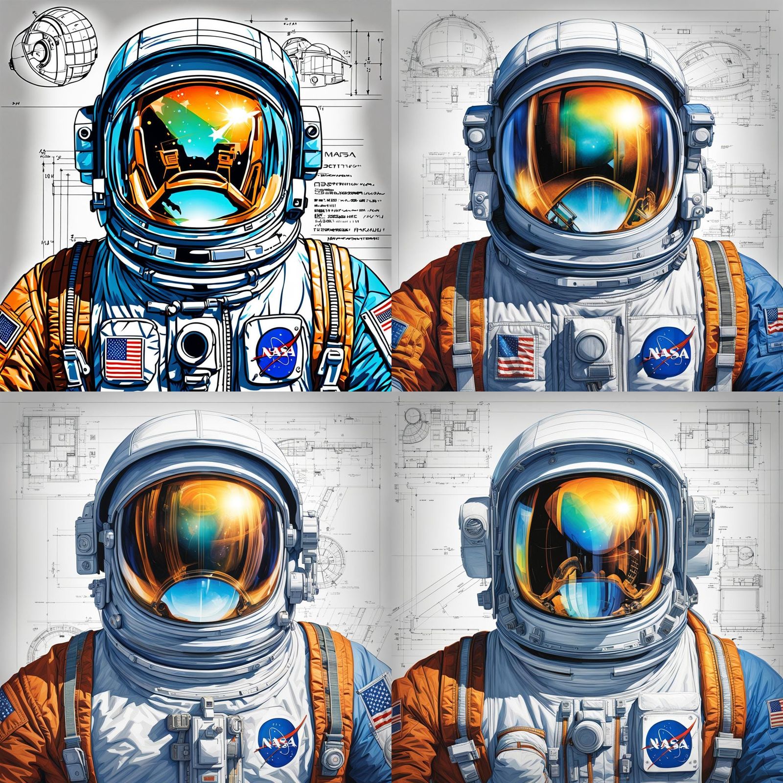 Astronaut Helmet Technical Drawing in Color