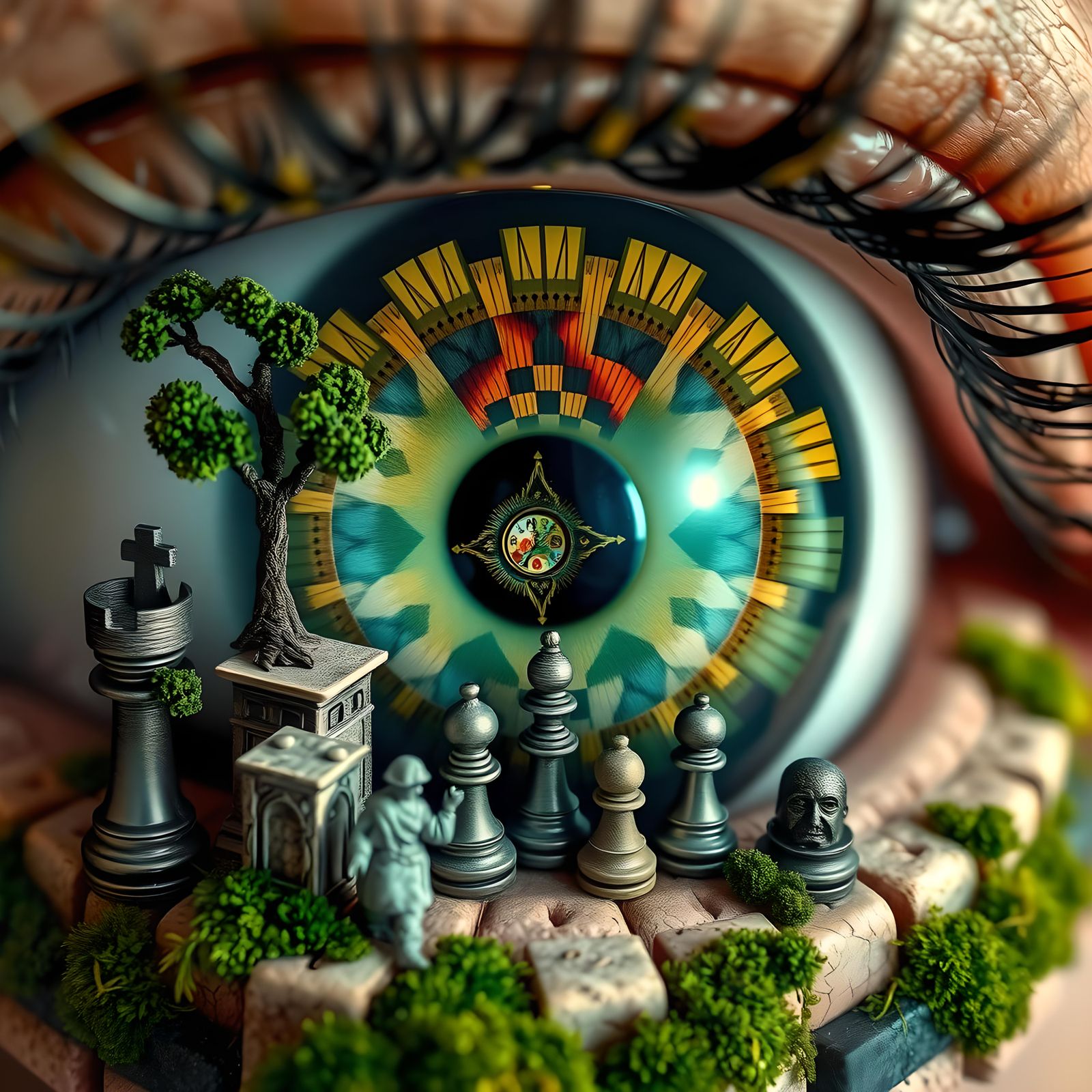 Surreal Macro Green Eye with Chessboard and Ruins